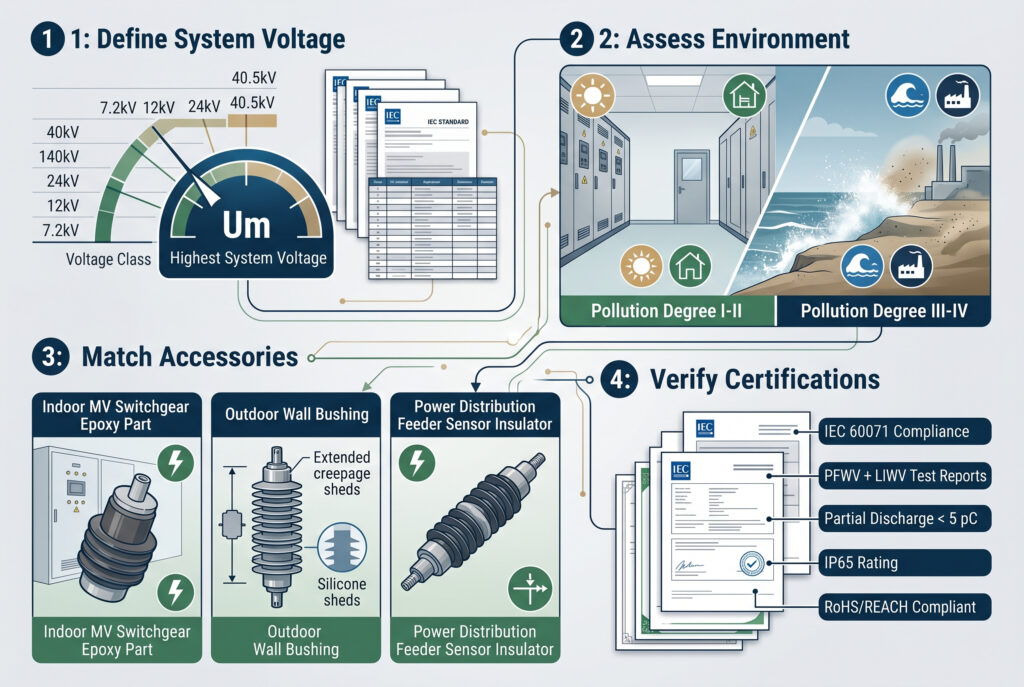 Ein ausgeklügeltes, technisches Gesamtbild, das den vierstufigen Rahmen für die Auswahl geeigneter Isolationsstufen für Netzinfrastrukturzubehör veranschaulicht. Der visuelle Leitfaden integriert schematische Diagramme, Symbole und detaillierte Komponentenabbildungen, um die Definition der Systemspannung, die Bewertung der Umwelt- und Verschmutzungsbedingungen, die Anpassung des Zubehörs an die Anwendungen und die Überprüfung von Zertifizierungen und Prüfberichten darzustellen, mit integrierten Beschriftungen in Englisch für jede Stufe.