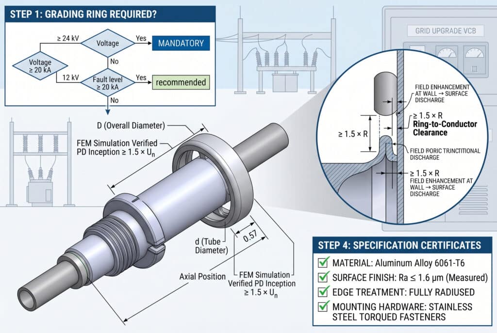Diagramme de visualisation technique détaillé illustrant le processus complet de sélection et de spécification de l'anneau de calibrage intégré pour une traversée murale de mise à niveau du réseau. Le côté gauche présente un flux logique permettant de déterminer quand un anneau de calibrage est obligatoire, avec des valeurs claires pour les niveaux de tension et de défaut. Un grand diagramme central montre la traversée de paroi et l'anneau de calibrage avec des rendus CAO en 3D, indiquant les paramètres géométriques clés tels que le diamètre (d, D) et la position axiale, avec un appel vérifiant la performance de la simulation FEM sur le terrain et l'apparition de la DP. Des vues agrandies de la section transversale montrent les règles de dégagement, avec des valeurs minimales telles que '≥ 1,5 × R' et des modes de défaillance étiquetés. Une liste de contrôle des spécifications sur la droite met en évidence la finition de surface 'Ra ≤ 1,6 μm' et la confirmation du matériau 'ASTM B209 Aluminum Alloy 6061-T6'. Tous les certificats sont marqués d'une coche verte. Le style général est un schéma plat propre et analytique pour une sous-station de moyenne tension, avec un texte clair et correct tout au long du document. Aucun être humain n'est inclus.
