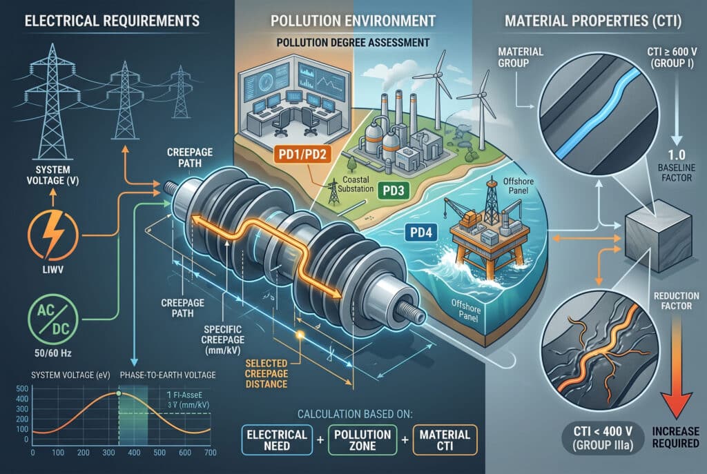 Kompleksowa infografika ilustrująca systematyczną ocenę wymagań elektrycznych, klasyfikacji środowiska zanieczyszczeń i wskaźnika porównawczego śledzenia materiału (CTI) w celu wybrania prawidłowej odległości pełzania w zastosowaniach z izolacją formowaną.