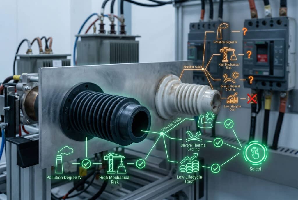 在高科技工業測試區內的一張專業照片顯示了一個突出的 APG 環氧樹脂壁套管，其深淺不一的稜紋設計在前景中清晰可見，與測試穿透板融為一體。源自樹脂套管的全息示意圖以發光的綠色線條繪製，擴展為污染等級 IV、高機械風險、嚴重熱循環和低生命週期成本的評估圖示，所有這些圖示都指向綠色選擇圖示。傳統的釉瓷襯套柔和地聚焦在背景中，類似的橙色發光示意圖顯示問號和重工業標準的劃線。圖像將技術選擇指南形象化。除了最少的示意圖標籤外，沒有任何文字。.