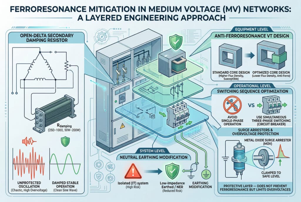 A modern technical infographic illustrating layered engineering strategies for mitigating ferroresonance in medium voltage (MV) networks. The composition is divided into sections with flowing geometric lines and glowing data streams, showcasing different protection layers without any people. A central column contrasts Isolated (IT) systems (red warning) changing to Low-Impedance Earthed / NER (green shield) with callouts for neutral earthing modification. Below this, a switching sequence optimization section contrasts single-phase disconnector operation (crossed-out) vs. simultaneous three-phase circuit breaker operation (green check). To the right, callout boxes detailed "ANTI-FERRORESONANCE VT DESIGN" with core comparisons and lower flux density. Below, a section on "SURGE ARRESTERS & PROTECTION" shows a cross-section of an MOV clamping a transient spike, labeled "PROTECTIVE, NOT PREVENTATIVE". At the top, a callout for "OPEN-DELTA SECONDARY DAMPING RESISTOR" shows a physical resistor bank with wiring and labeled values, with a stylized graph showing "UNPROTECTED OSCILLATION" (chaotic) vs. "DAMPED STABLE OPERATION" (clean sine wave).