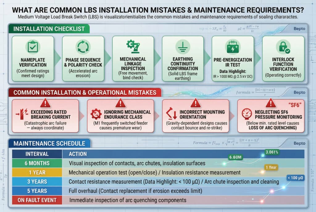 以技術網格為背景的現代化、資料驅動的資訊圖表視覺化，詳細介紹中電壓負載分離開關 (LBS) 的安裝錯誤和維護要求。圖像分為三個水平面板。綠色的「安裝檢查表」以獨特的圖示和說明列出 6 個步驟，並強調通電前的 IR 測試數據：IR > 1000 MΩ @ 2.5 kV DC'。紅色的「常見安裝與操作錯誤」區塊使用 4 張紅色警告卡來顯示錯誤，例如超過額定分斷電流和安裝不正確，並附有說明文字。藍色的「MAINTENANCE SCHEDULE」表格組織了從 6 個月到全面檢修的間隔，列出了具體的動作，並強調了 3 年的資料值：「< 100 μΩ」。所有資訊都使用扁平化圖示、技術圖表和整合資料高亮的清晰標籤來呈現。不存在字符。.
