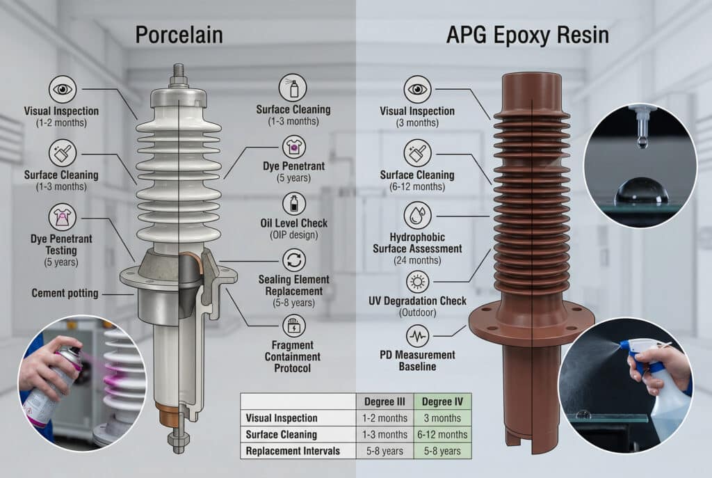 這份全面的技術圖表以 3:2 的比例呈現，比較了傳統瓷質和先進 APG 環氧樹脂牆套管的維護活動和時間表。兩種襯套類型都清楚標示了視覺檢查、表面清潔、絕緣電阻 (IR) 測量和各種污染程度的局部放電 (PD) 測試的具體間隔，說明了所需資源的差異。最後一節列出了主要生命週期維護的差異，例如染料滲透測試和疏水表面評估。文字清晰易讀，紋理區分陶瓷和樹脂。.