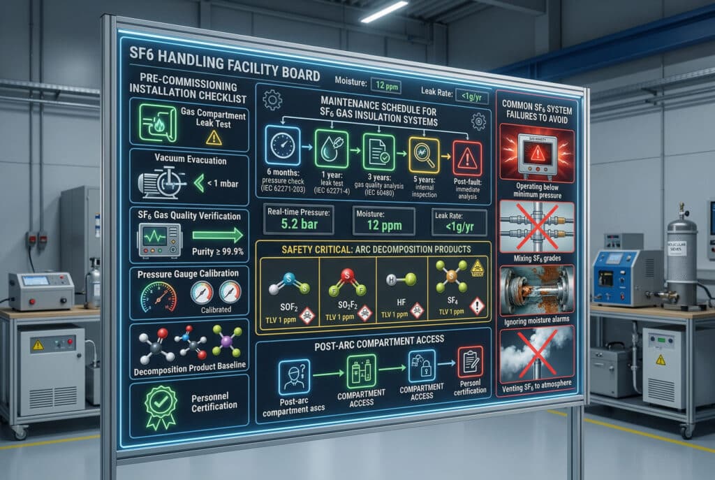Una compleja visualización técnica en un gran tablero iluminado dentro de una instalación de manipulación de gas SF6. Integra múltiples secciones: una lista de comprobación previa a la puesta en servicio (prueba de fugas, símbolo de bomba de vacío, <1 mbar), un flujo de programa de mantenimiento (comprobación de presión de 6 meses, análisis de 3 años, análisis posterior al fallo), un gráfico de productos de descomposición críticos para la seguridad con modelos químicos y advertencias TLV, un flujo de trabajo para el acceso posterior al arco voltaico y una visualización de fallos comunes como el funcionamiento por debajo de la presión mínima. Funciona como una referencia técnica completa y unificada para el mantenimiento del sistema SF6.