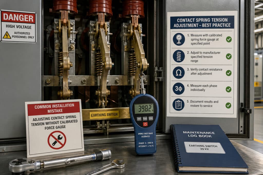 Kalibrierter Federkraftmesser zur Messung der Federspannung von Erdungsschaltern in Mittelspannungsschaltanlagen, der die korrekte Wartungsmethode und die Vermeidung von häufigen Installationsfehlern in Industrieanlagen aufzeigt.