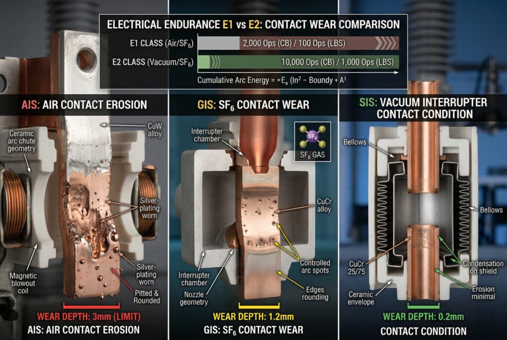 AIS（空気絶縁開閉装置）、GIS（ガス絶縁開閉装置）、SIS（真空遮断器を使用した固体絶縁開閉装置）の3種類の高圧開閉装置について、標準的な電気耐久デューティサイクル後の接点摩耗を科学的に比較したインフォグラフィック。構成は縦に3つのパネルに分かれており、それぞれ特定の接点アセンブリとその周囲のアーク消弧形状の断面が描かれています。左端のパネルは「AIS: AIR CONTACT EROSION」と表示され、銀メッキ銅接点の摩耗、孔食、溶解、丸みを示しており、赤いスケールバーは「WEAR DEPTH: 3mm (LIMIT)」を示している。中央のパネルには「GIS：SF6 Contact Wear（SF6コンタクト摩耗）」と表示された中央のパネルは、明確なアークスポットと材料の浸食が少なく、より緩やかで制御された摩耗を示しており、黄色のスケールバー「WEAR DEPTH：1.2mm」で示されている。右側のパネルは「SIS: VACUUM INTERRUPTER CONTACT CONDITION」と表示され、同じ負荷の後、浸食パターンが最小化され、緑色のスケールバー「WEAR DEPTH: 0.2mm」で強調表示された、非常に原始的な接点を示しています。パネルの上には、E1対E2の電気的耐久性クラスにおける累積作業と接点摩耗を、水平バーを組み合わせたチャートで視覚的に対比し、M2/E2が最高水準であることを示しています。このビジュアルは、アーク急冷剤と接点材料が接点摩耗を決定する重要な変数であり、その結果、E1対E2の電気的耐久性クラスの達成可能性を決定することを示しています。.