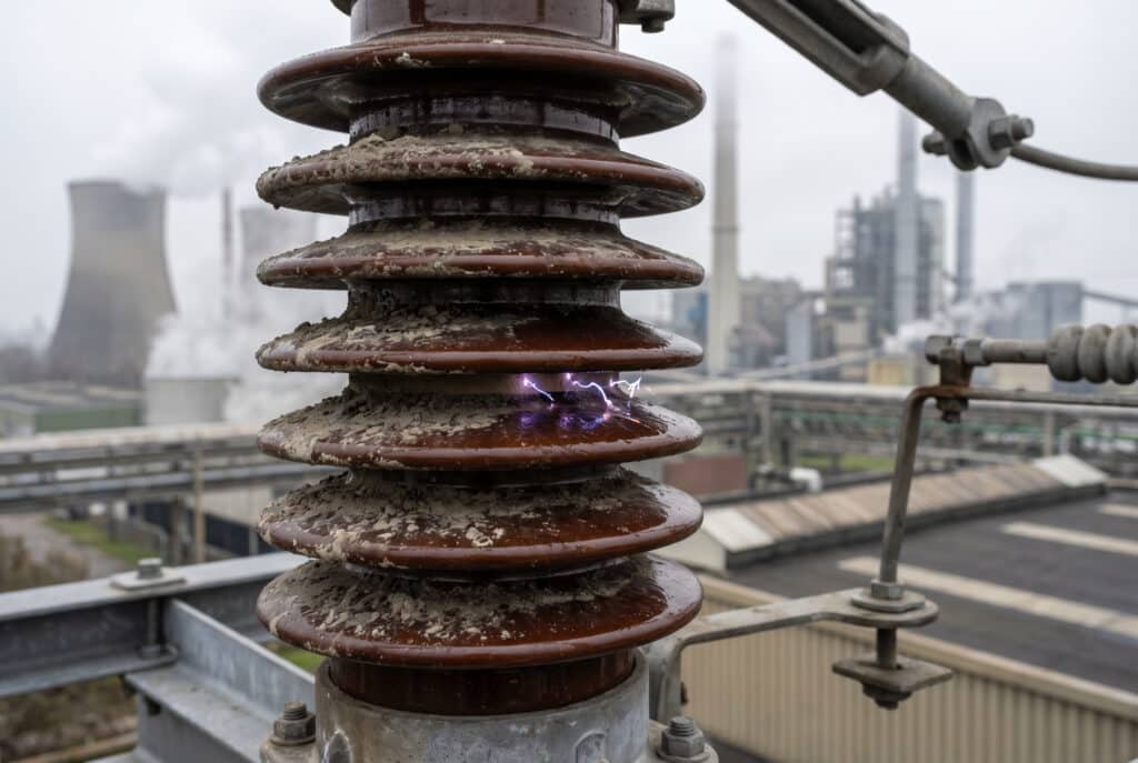 屋外用断路器スイッチの磁器碍子スタックのクローズアップ写真。青紫色の小さな電気アークと火花が、汚染され濡れた表面に新たに形成された乾燥帯を横切って放電しており、産業環境において汚染がいかに性能劣化を招き、引火の危険性があるかを示している。.