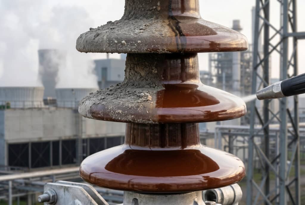 屋外用断路器スイッチの複数の磁器製絶縁体上屋を比較したマクロ接写写真。産業汚染とさまざまな洗浄方法の結果を視覚化している。.