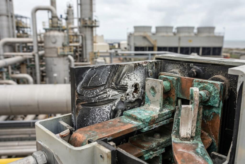 沿海工業設施中嚴重腐蝕的中壓開關組件特寫圖。圖片顯示金屬和聚合物絕緣材料上的嚴重氧化、綠色銅鏽、白色鹽沉積物和點蝕，說明了化學蒸汽和鹽霧侵入所造成的損害。.