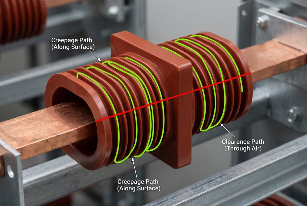 Zdjęcie techniczne ilustrujące porównanie drogi upływu i prześwitu na konkretnym czerwono-brązowym izolatorze z żywicy epoksydowej z image_2.png, zintegrowanym w kontekście rozdzielnicy. Kręta fluorescencyjna zielona linia ścieżki śledzi skomplikowany profil powierzchni falistych osłon (Creepage Path), podczas gdy prosta fluorescencyjna czerwona linia ścieżki mierzy najkrótszą szczelinę powietrzną (Clearance Path) między dwiema przewodzącymi częściami.