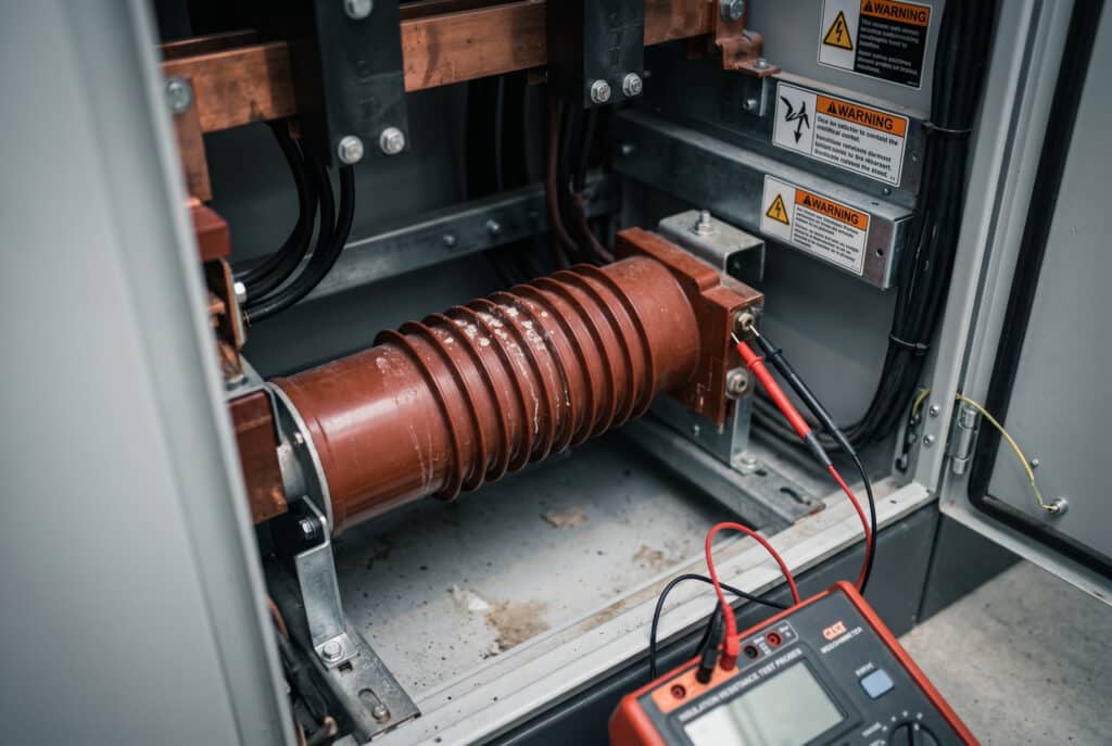 Photographie détaillée en gros plan prise à l'intérieur d'un tableau de distribution d'une sous-station moyenne tension. L'image se concentre sur un cylindre isolant VS1 brun rougeâtre, qui présente clairement des stries blanches d'aspect minéral et des résidus de condensation séchée le long de sa surface de fuite. Un testeur numérique de résistance d'isolement (Megger) est partiellement visible au premier plan, avec ses sondes de test connectées à des bornes près du cylindre, soulignant les procédures de maintenance critiques pour prévenir les défaillances liées à l'humidité.