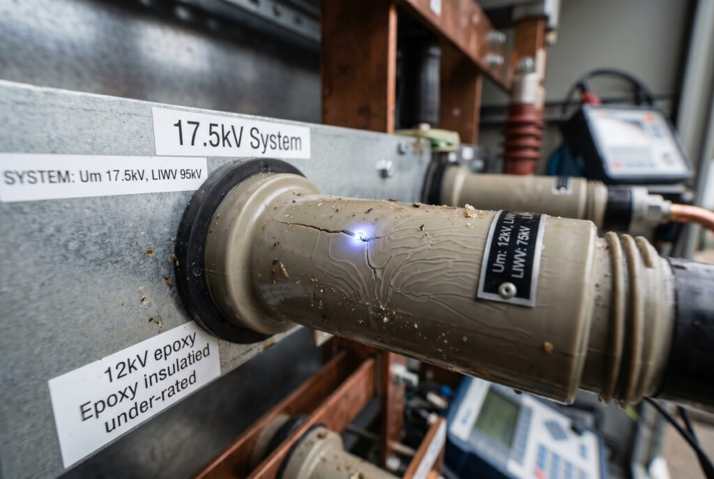 Eine detaillierte Nahaufnahme einer falsch installierten 12-kV-Epoxidharzdurchführung in einer Verteilertafel, die eindeutig als 17,5-kV-System gekennzeichnet ist. Das Bild zeigt die visuellen Folgen der Unterdimensionierung der Spannungsklasse und der mangelhaften Installation, mit Spuren auf der Oberfläche und Mikrorissen auf der Epoxidoberfläche, die auf Teilentladungen und mechanische Belastungen hinweisen. Deutlich lesbare Typenschilder sind sowohl auf der unterdimensionierten Durchführung als auch auf der Systemkennzeichnung zu sehen.