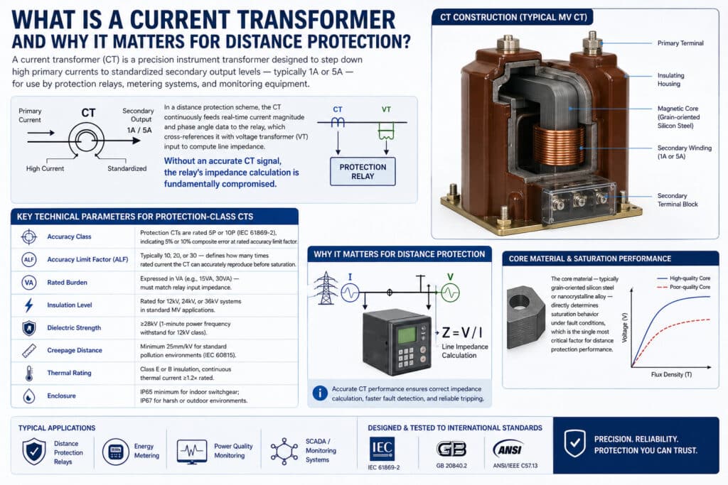 Bir akım transformatörünün mesafe koruması için yüksek primer akımını 1A veya 5A sekonder çıkışına nasıl düşürdüğünü açıklayan, CT doğruluk sınıfı, ALF, yük, yalıtım, kaçak mesafesi, çekirdek malzemesi, doyma davranışı ve röle empedansı hesaplamasını vurgulayan teknik infografik.