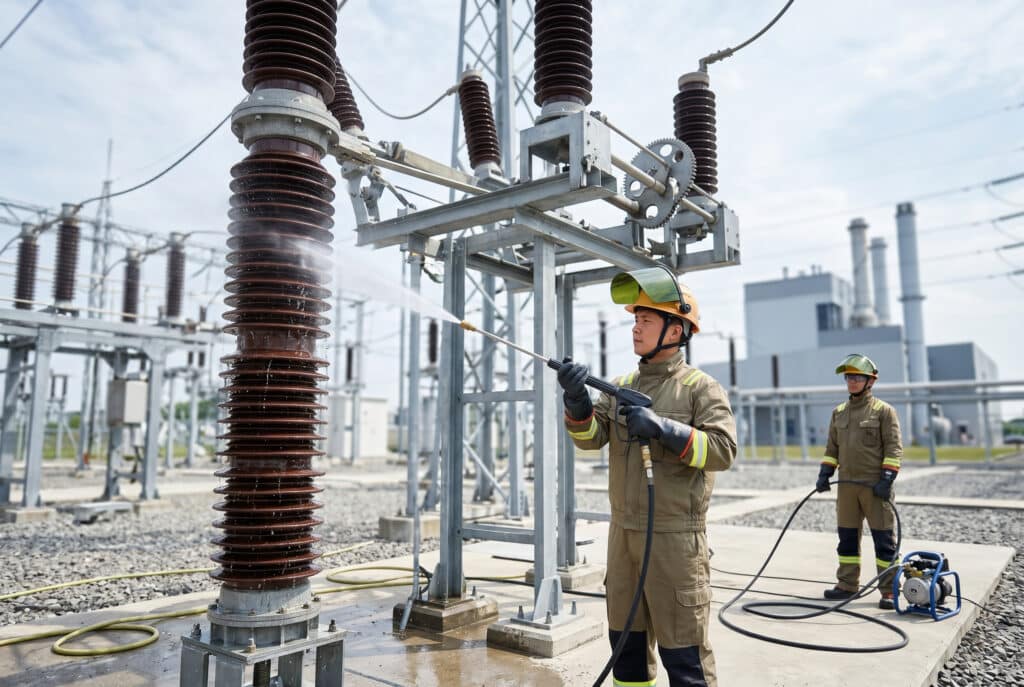 東アジア系の集中力のあるメンテナンス技術者が、完全な安全作業着（アーク放電防護服、絶縁手袋、顔面シールド付きヘルメット）を着用し、屋外断路器スイッチの巨大な磁器製碍子スタックに対して非通電高圧水洗浄手順を実行しているプロフェッショナルな写真。制御された微細なウォータージェットがノズルから噴出し、碍子小屋に正確に向けられる。一方、適切なPPEを着用した2人目の作業員が、明るい曇り空の下、複雑な工業プラントの配電所内で安全な距離から観察し、細心の安全性と技術的方法を示している。砂利とコンクリートの地面を蛇行するホース。.
