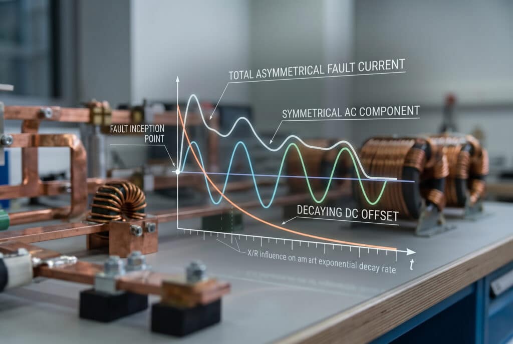 A precise visualization of current components over time following a fault inception, showing the total asymmetrical current as a combination of a symmetrical AC sine wave and a decaying DC exponential curve, with variables like X/R ratio referenced, all overlaid upon complex engineering circuit components.