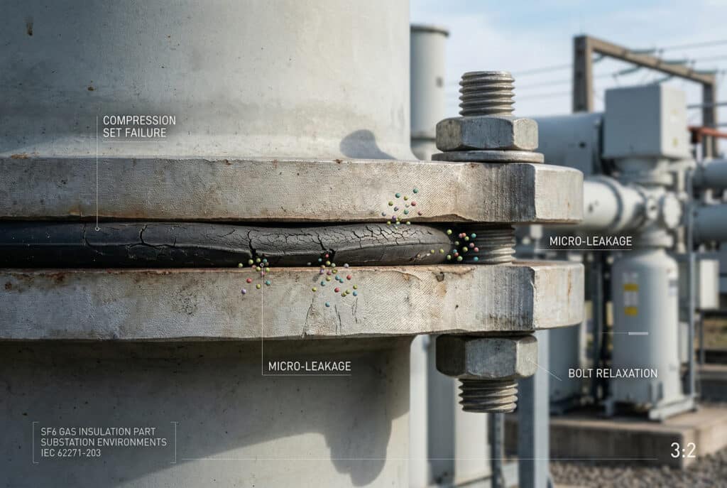 Fotografía macro de primer plano de una junta tórica de FKM degradada en una brida atornillada de un módulo de subestación aislado con gas SF6, que ilustra cómo los mecanismos de degradación de la junta, como la deformación por compresión y las grietas superficiales, provocan microfugas y problemas de conformidad.