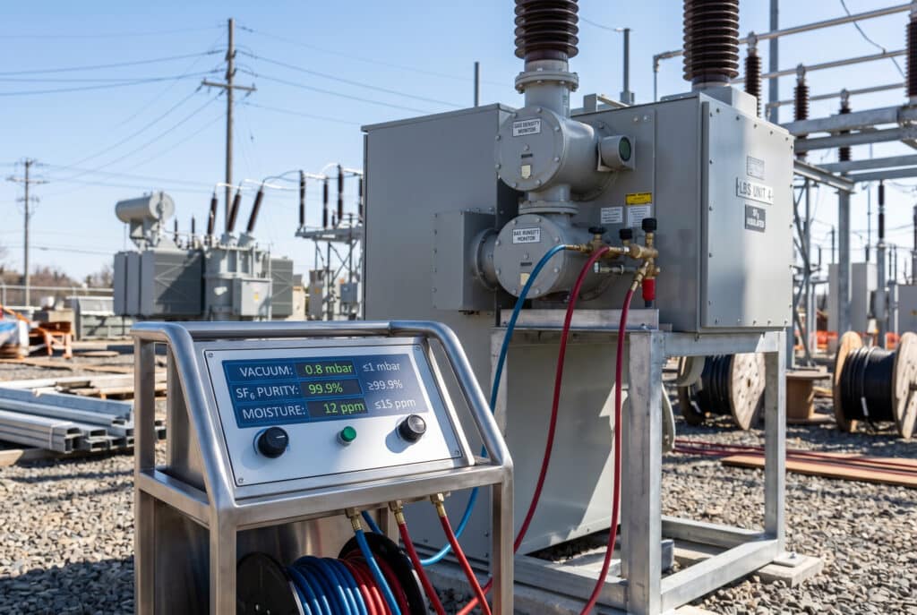 O fotografie detaliată a unui cărucior mobil de service pentru gaz SF6, care prezintă un panou de control cu citiri digitale vizibile pentru nivelul de vid, puritatea SF6 și conținutul de umiditate, conectat activ prin furtunuri la o unitate de comutație exterioară izolată cu gaz la o stație de modernizare a rețelei.