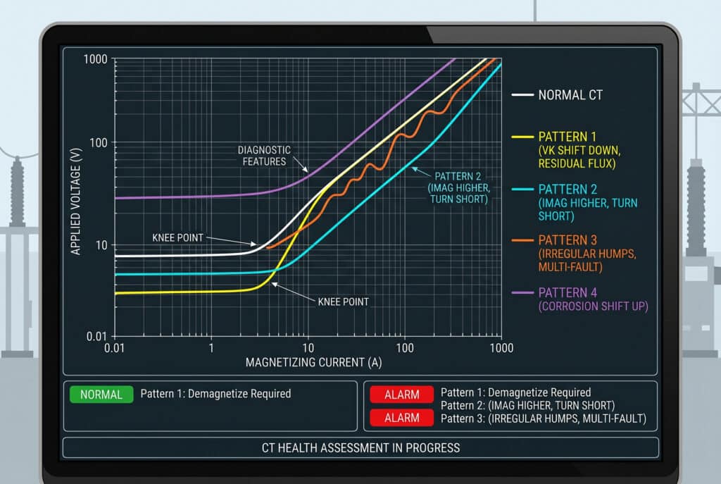 CT analizör ekranında beş farklı uyarma eğrisini karşılaştıran sofistike bir veri görselleştirmesi: normal bir taban çizgisi, alçaltılmış bir diz noktası (artık akı), artan akım (kısa devre), düzensiz tümsekler (karmaşık arızalar) ve düzgün bir yüksek voltaj kayması (bağlantı korozyonu). Ek açıklamalar, dahili arıza modlarının hızlı bir şekilde tanımlanması için belirli teşhis özelliklerine işaret eder.