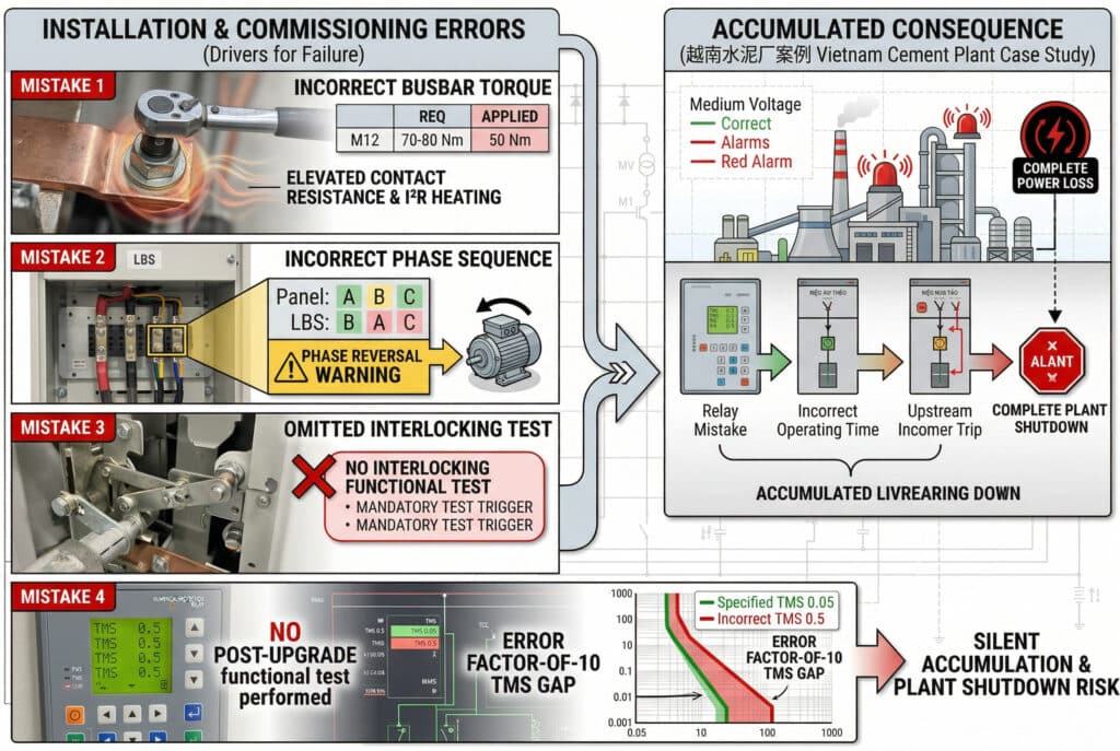 Панель технической диагностики, визуализирующая разрушительные ошибки монтажа и ввода в эксплуатацию при модернизации фидерных устройств панелей среднего напряжения, связывая неправильные моменты на шинах, реверс фаз и настройки реле защиты с катастрофическими последствиями, такими как полная остановка цементного завода, как показано на примере Вьетнама.