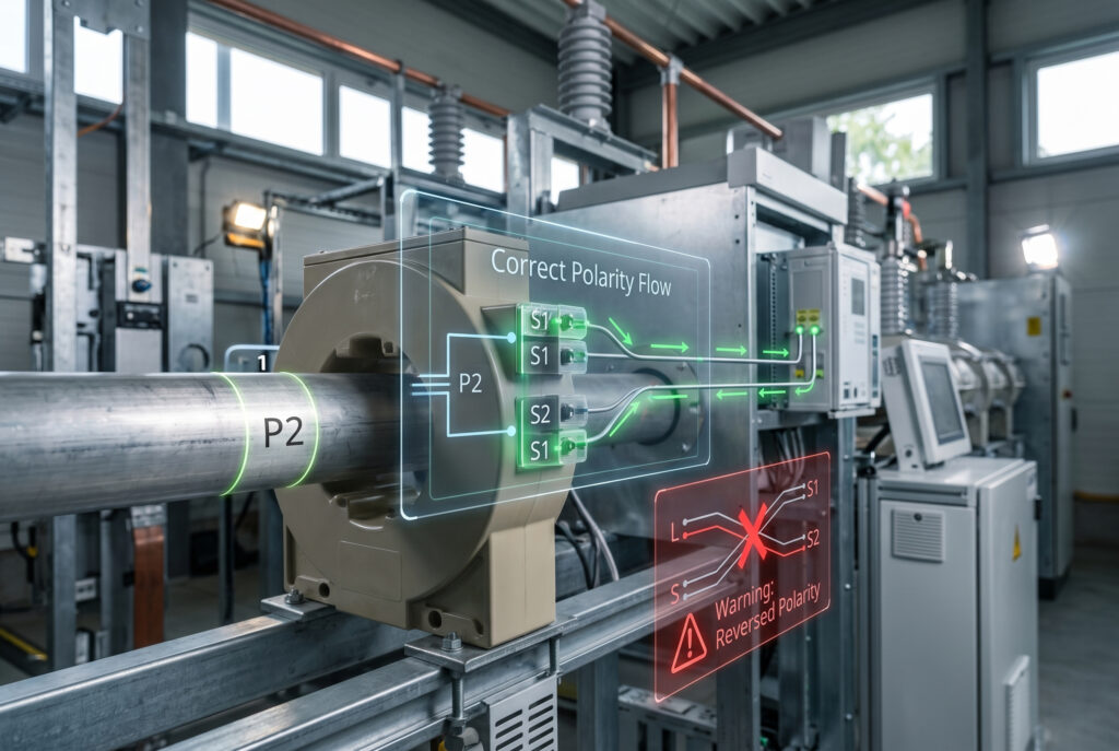 Bir trafo merkezinde Akım Trafosu (CT) kurulumunu gösteren teknik bir tanılama görselleştirmesi ve çift yüzer holografik kaplama: biri 'Doğru Polarite Akışı' olarak işaretlenmiş yeşil bir akış diyagramı ve çapraz kabloları kırmızı bir X ve 'Uyarı' ile vurgulayan kırmızı bir kaplama: Ters Polarite' ibaresi yer almakta ve makalenin doğru sekonder kablolama ile ilgili temel eğitim noktasını görsel olarak güçlendirmektedir.