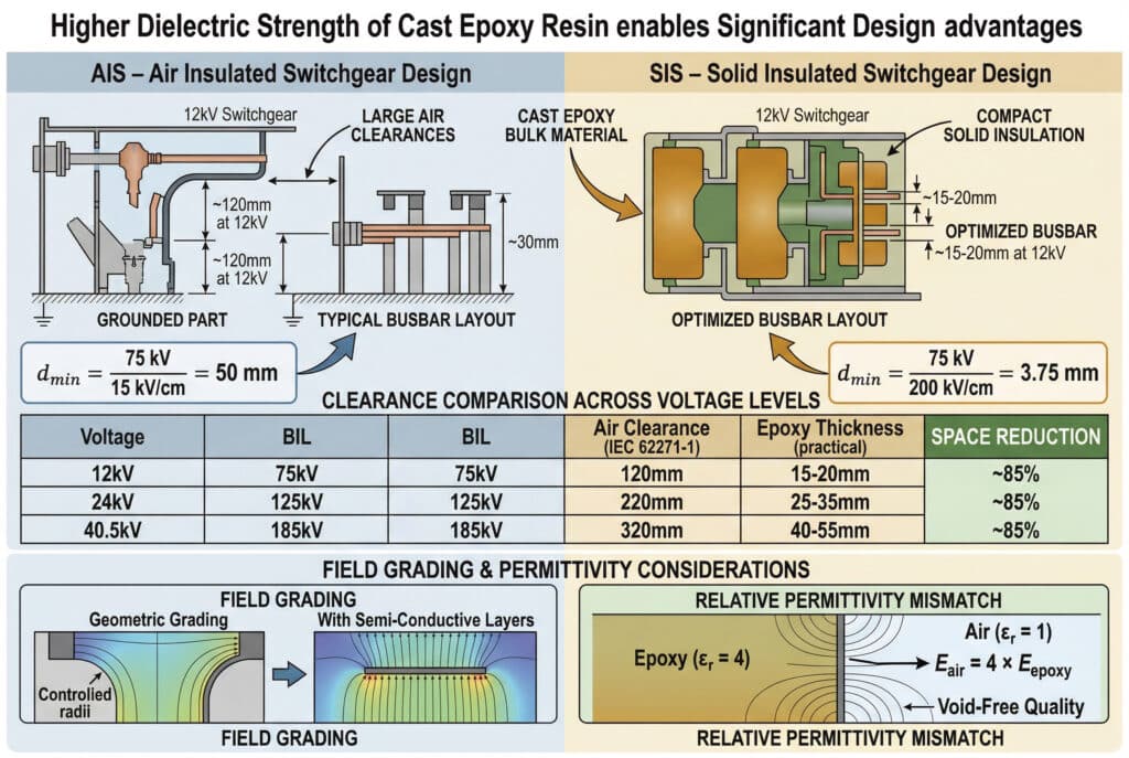 Dökme epoksi reçinenin daha yüksek dielektrik dayanımının, SIS'in (Katı Yalıtımlı Hücre) AIS'e (Hava Yalıtımlı Hücre) kıyasla daha az açıklık ve bara düzeni ile kompakt bir tasarım elde etmesini nasıl sağladığını görselleştiren karşılaştırmalı bir mühendislik diyagramı infografiği. AIS'nin büyük hava boşluklarına ve SIS'nin önemli ölçüde daha küçük epoksi yalıtım kalınlığına sahip olduğu stilize 12kV şalt ünitelerinin kesit çizimlerini göstermektedir. Her ikisi için de formül örnekleri sunulmuştur: AIS için,$$d_{min} = \frac{75 \text{ kV}}{15 \text{ kV/cm}} = 50 \text{ mm}$$ (hava tasarım alanı kullanılarak); SIS için,$$d_{min} = \frac{75 \text{ kV}}{200 \text{ kV/cm}} = 3.75 \text{ mm}$$ (yığın epoksi alanı kullanılarak). Aşağıdaki karşılaştırma tablosu 12kV, 24kV, 40.5kV gerilim seviyeleri ve BIL için açıklıkları ve kalınlığı listelemekte ve tüm seviyelerde SIS için yaklaşık 85% alan azaltımı göstermektedir. Alttaki daha küçük ayrıntılı ekler, formüller ve alan dağılımı çizimleriyle alan derecelendirmesini ve geçirgenlik uyumsuzluğunu açıklamaktadır.