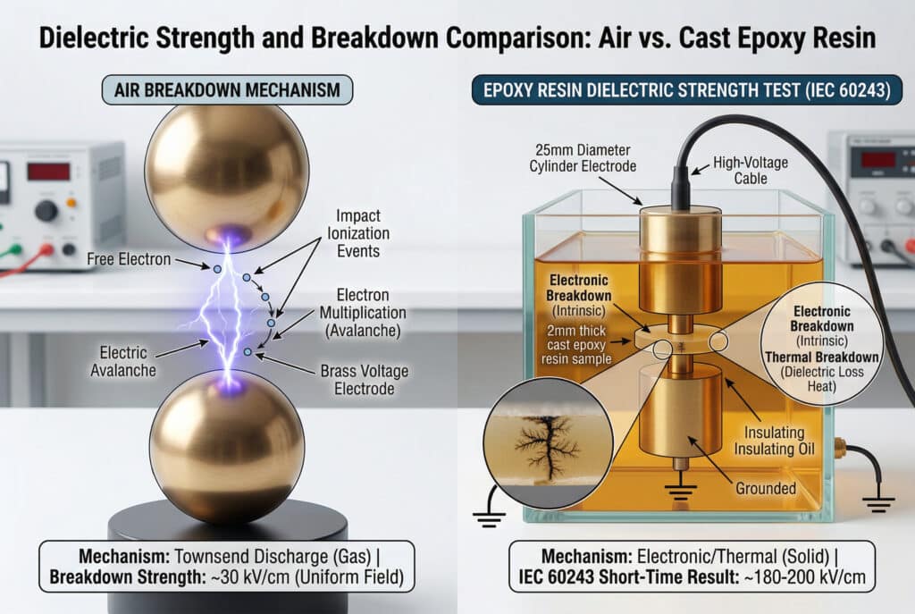 Dielektrik gücü ve bozulma mekanizmalarını karşılaştıran bilimsel bir infografik. Sol taraf, Townsend deşarj sürecini bir gazda (hava) açıklayıcı diyagramlarla detaylandırmakta, temel adımları ve ~30 kV/cm'lik bir bozulma gücünü göstermektedir. Sağ taraf, yalıtım yağındaki bir katı (dökme epoksi reçine) için IEC 60243 kısa süreli dielektrik dayanım test düzeneğini göstermekte, elektronik ve termal bozulma mekanizmalarını açıklamakta ve ~180-200 kV/cm'lik bir sonuç vermektedir.
