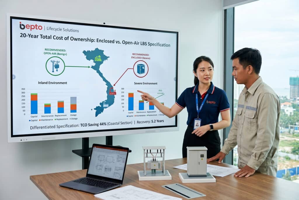 Scène de réunion professionnelle où un représentant de Bepto (femme d'Asie de l'Est) et un ingénieur des services publics vietnamien (homme d'Asie du Sud-Est) examinent un grand écran numérique visualisant une analyse du coût du cycle de vie d'un système d'alimentation en eau potable fermé par rapport à un système d'alimentation en eau potable en plein air. L'écran montre une carte du Vietnam avec des recommandations différenciées pour les régions côtières et intérieures basées sur le coût total de possession, ainsi que des modèles de produits miniatures.