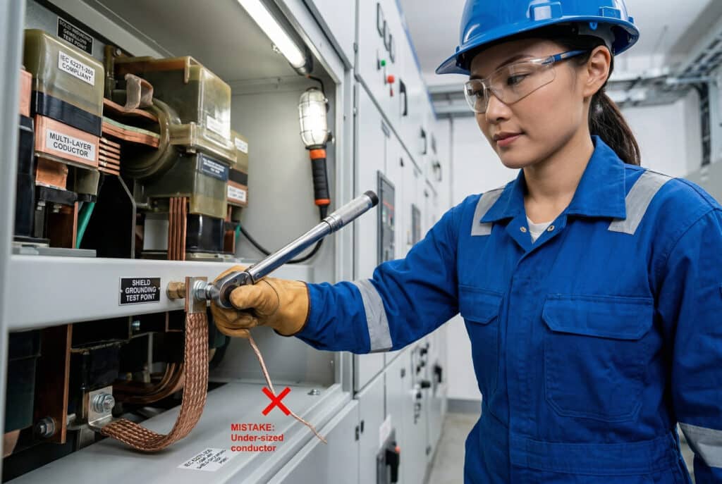 這張詳細的特寫照片拍攝了一位身穿專業工作服、戴著安全眼鏡和安全帽的東亞女性安裝技術人員，她正確地在固態絕緣開關設備 (SIS) 的屏蔽接地端子上使用校準扭力扳手。她精確的動作展示了正確的技術，以避免文章中提到的常見高阻抗連接錯誤，例如扭力不足的端子或尺寸過小的導體，這些錯誤在附近都有明顯的避免或標示。背景模糊成一個配電間。從語意上來看，這幅圖像代表了執行專家安裝標準的專業信心。.