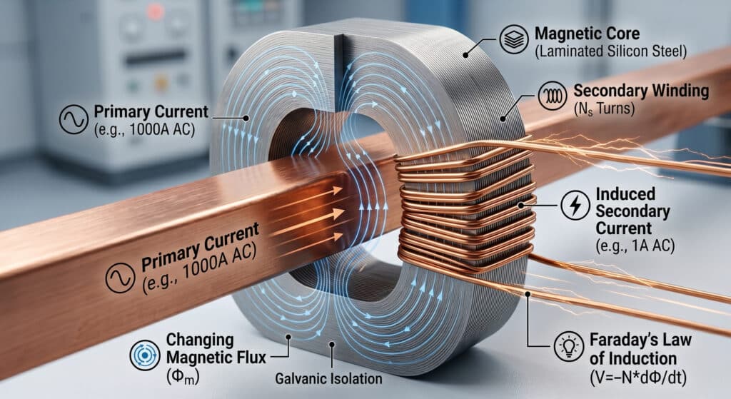 Este diagrama detalhado ilustra a lei de Faraday da indução num transformador de corrente de média tensão, mostrando o núcleo magnético a canalizar o fluxo da corrente primária para induzir uma corrente secundária para medição.