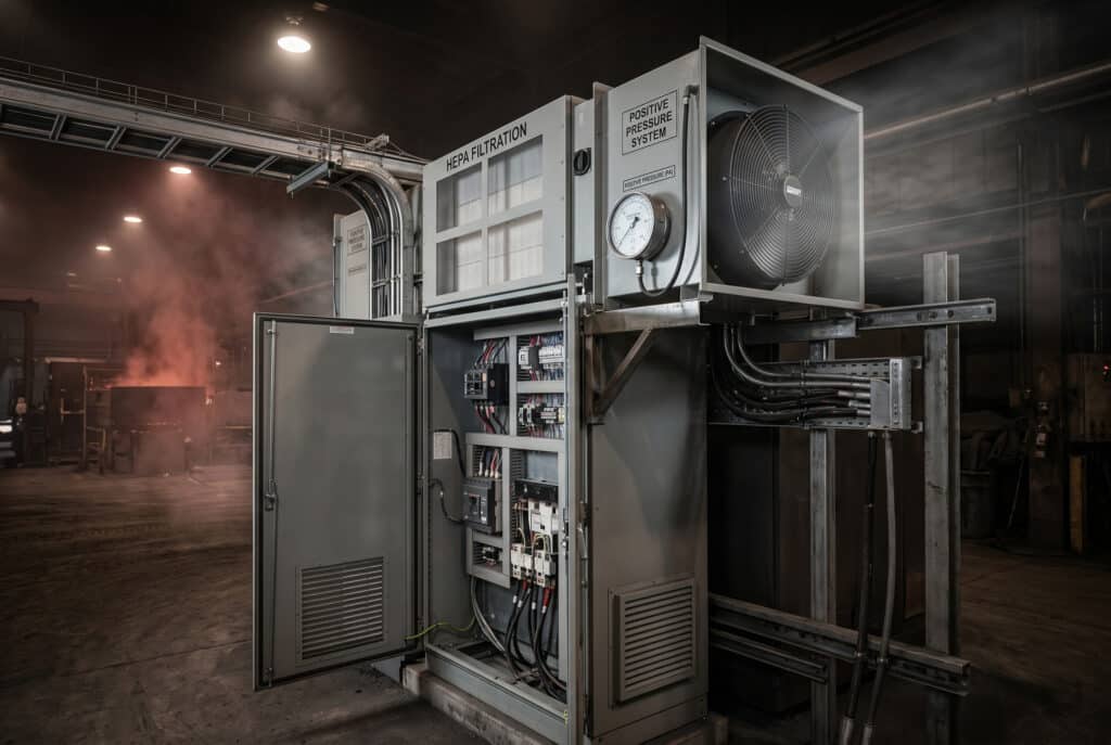 Hệ thống tủ điện lắp đặt công tắc ngắt tải (LBS) trung áp mở trong môi trường xưởng đúc đầy bụi và khói, được trang bị hệ thống thông gió áp suất dương lắp trên đỉnh chuyên dụng với bộ lọc HEPA tích hợp nhằm xử lý bụi dẫn điện và nhiệt độ môi trường cao.