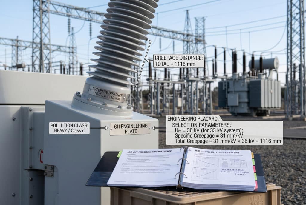 IEC 60815 standartlarına uygun, kirlilik sınıfı (Sınıf d), Um gerilimi (36 kV) ve ölçülen ESDD verileri dahil olmak üzere kaçak mesafesi için mühendislik seçim sürecini açıklayan kapsamlı etiketler ve etiketler içeren, dış mekan VCB'deki yüksek voltajlı porselen burcun ayrıntılı bir profesyonel fotoğrafı.