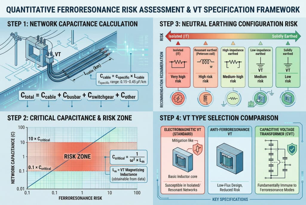 A technical infographic illustration detailing the quantitative engineering process for ferroresonance risk assessment and voltage transformer selection. The composition consists of four distinct panels that guide users through a multi-step framework, which is numerical and data-driven for engineering and procurement purposes. It includes panels illustrating network capacitance calculation, defining the critical capacitance risk zone using a chart and formula, comparing risk across different neutral earthing configurations (Isolated, Petersen, High-Z, Solid), and selecting among standard electromagnetic VTs, anti-ferroresonance designs, and fundamentally immune capacitive voltage transformers (CVTs). The overall aesthetic is professional, modern, and data-driven, with glowing circuit traces and digital information streams. No people are present.