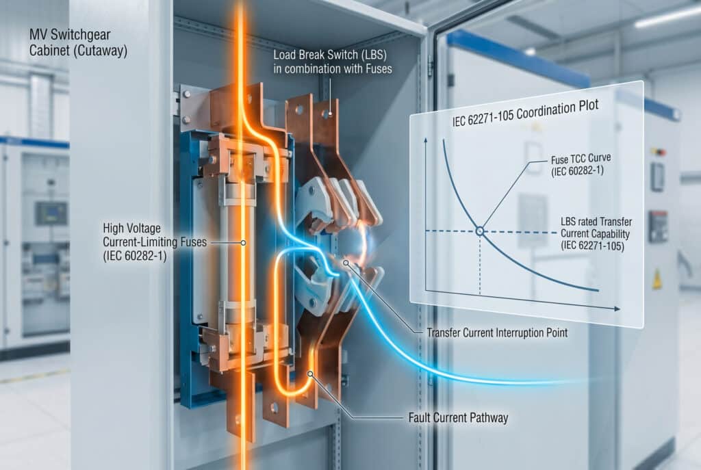 Eine technische Illustration und ein Hybridfoto aus dem Inneren eines aufgeschnittenen Mittelspannungsschaltschranks, die den koordinierten Betrieb eines Lasttrennschalters (LBS) im Innenbereich und von strombegrenzenden Hochspannungssicherungen zeigen. Ein orange leuchtender Pfad zeigt an, dass der Fehlerstrom durch die Sicherung fließt. In dem Moment, in dem die Sicherung auslöst, wird ein blau leuchtender Pfad, der den 'Übertragungsstrom' darstellt, durch die sich öffnenden LBS-Kontakte sichtbar unterbrochen. Ein integrierter Datenplot zeigt die sich kreuzenden Sicherungs- und LBS-Kurven mit einer Markierung, die auf 'IEC 62271-105 Coordination Plot' und 'Coordination Verified' verweist und den technischen Prozess für die richtige LBS-Auswahl veranschaulicht.