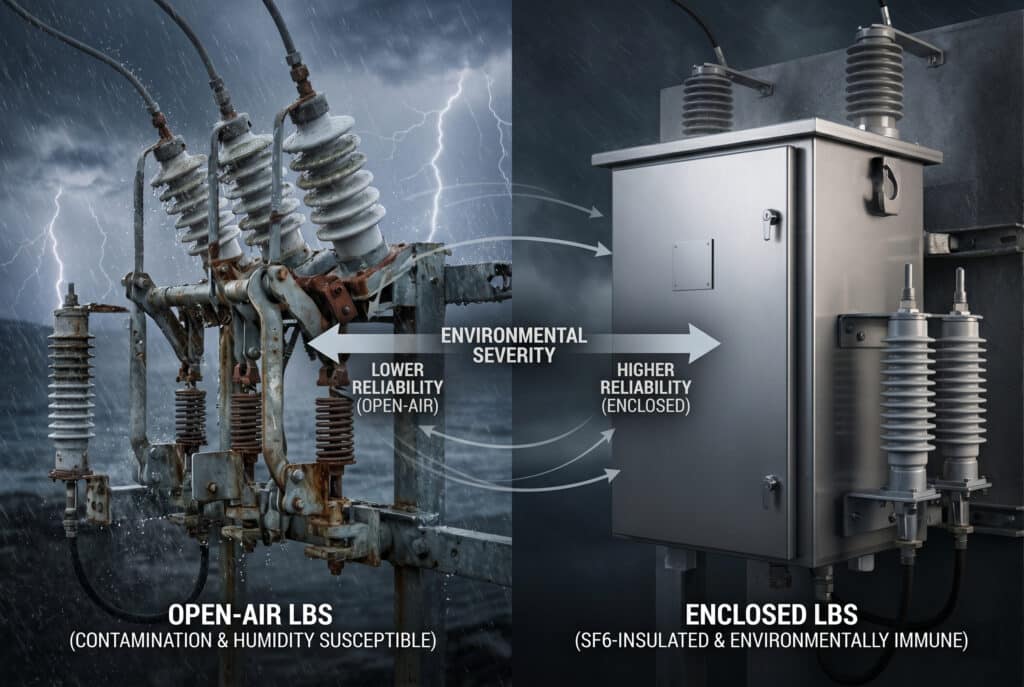 Comparaison côte à côte illustrant comment la sévérité de l'environnement détermine la fiabilité relative des interrupteurs de rupture de charge (LBS) à l'air libre ou fermés pour la distribution d'énergie, avec des repères visuels pour la contamination, l'humidité et l'impact de la foudre.