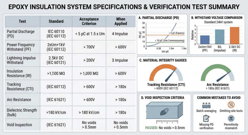 IEC tabanlı doğrulama verilerini gösteren kapsamlı epoksi yalıtım testi gösterge tablosu: kabul kriterleri (1000 MΩ IR, >600 V CTI, >180 s ark direnci, >180 kV/cm mukavemet, >0,5 mm boşluk yok) ile entegre test tablosu (Kısmi Deşarj, Güç Frekansı Dayanımı, Darbe, İzolasyon Direnci, CTI, Ark Direnci, Toplu Dielektrik Dayanımı, Boşluk İncelemesi). PD eşik grafiği (<5 pC / <10 pC), dayanım gerilimi karşılaştırma tablosu, CTI ve ark direnci göstergeleri ve kesit boşluk analizi diyagramı içerir. Temiz profesyonel veri görselleştirme, 3:2 oran, ekipman gösterilmemiştir.