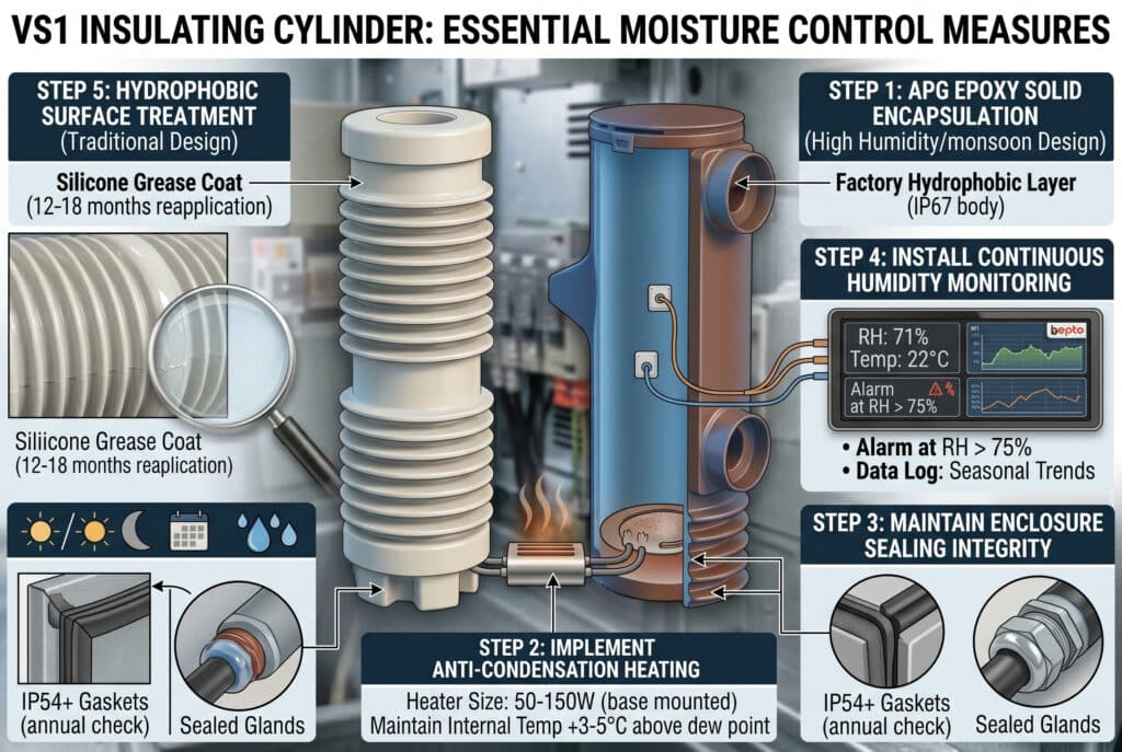 Une visualisation technique en coupe superposée, basée sur le modèle sans coupe, révèle la structure interne détaillée d'un cylindre isolant VS1 dans une armoire de distribution moyenne tension professionnelle. Le cadre est organisé dans un style de diagramme propre et éducatif, avec des étiquettes de texte précises et des connexions logiques. La structure générale est axée sur le 'CYLINDRE ISOLANT VS1 : MESURES ESSENTIELLES DE CONTRÔLE DE L'HUMIDITÉ'. La composition présente plusieurs mesures : [L'étape 5 : TRAITEMENT DE SURFACE HYDROPHOBIQUE (conception traditionnelle)] montre un cylindre SMC/BMC traditionnel, nervuré, avec un gros plan et une loupe révélant une couche de graisse silicone lisse et transparente, avec le texte ' Couche de graisse silicone (réapplication tous les 12 à 18 mois) '. [ÉTAPE 1 : ENCAPSULATION SOLIDE EN EPOXY APG (conception à forte humidité/mousson)] représente un cylindre en époxy APG à encapsulation solide et lisse avec un revêtement hydrophobe IP67 distinct appliqué en usine, avec le texte 'Couche hydrophobe d'usine (corps IP67)'. [ÉTAPE 2 : MISE EN PLACE D'UN CHAUFFAGE ANTI-CONDENSATION] montre un chauffage métallique anti-condensation avec des ondes de chaleur montantes, texte 'Taille du chauffage : 50-150W (monté sur la base)', 'Maintenir la température interne à +3-5°C au-dessus du point de rosée'. [ÉTAPE 3 : MAINTENIR L'INTÉGRITÉ DES JOINTS D'ÉTANCHÉITÉ DE L'ENCLOSURE] comprend des icônes et des rappels, avec des gros plans d'un joint de porte comprimé et d'un presse-étoupe avec du mastic d'étanchéité, texte 'Joints IP54+ (vérification annuelle)', 'Presse-étoupes scellés'. [L'ÉTAPE 4 : INSTALLATION DE LA SURVEILLANCE DE L'HUMIDITÉ CONTINUE] est un panneau numérique relié par des fils à des capteurs, affichant des graphiques et du texte : 'HR : 71%', 'Temp : 22°C', 'Alarme à HR > 75%', 'Journal de données : Tendances saisonnières'. Un petit logo 'bepto' est visible sur l'écran de contrôle. Des icônes environnementales intégrées montrent le soleil/la lune, le calendrier et les gouttes d'eau, connectées au système de surveillance. L'ensemble de l'image présente une haute résolution et un style de visualisation de produit d'ingénierie épuré.