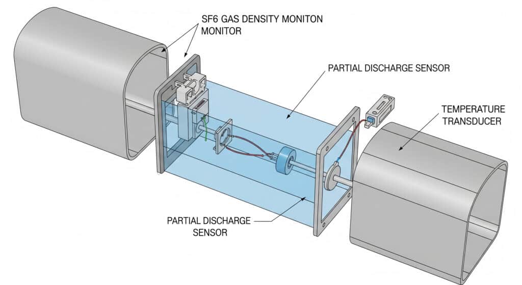 SF6ガス絶縁部品の内部構成部品を示す分解図であり、ガス密度モニター、部分放電センサー、温度変換器の組み込み位置が明確に示されている。.