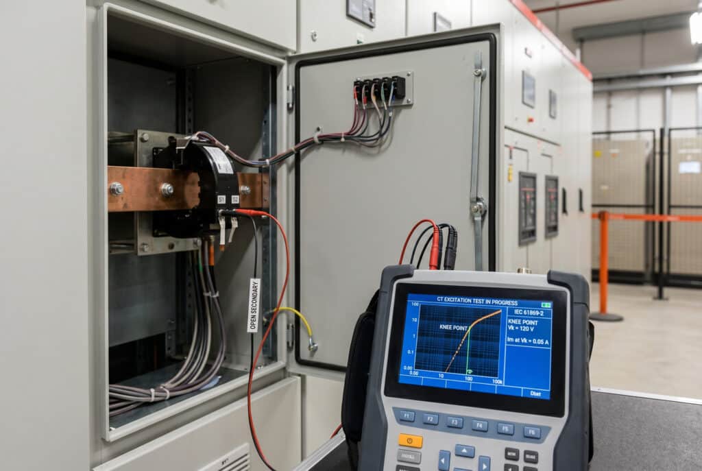 Bir orta gerilim trafo merkezinde, açık bir şalt panosu içindeki bir Akım Transformatörünün S1 ve S2 sekonder terminallerine bağlı test uçları ile gerçek zamanlı bir uyarma eğrisi gösteren taşınabilir bir CT analizörünü gösteren teknik bir fotoğraf. Ekran başarılı bir diz noktası tespitini göstermektedir.