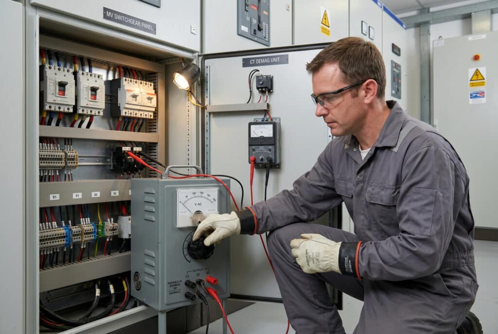 Bir saha mühendisi orta gerilim şalt akım trafosu (CT) sekonder nüvesi üzerinde AC enjeksiyon demanyetizasyon prosedürü gerçekleştirmektedir. S1 ve S2 terminallerine bağlı taşınabilir bir değişken AC kaynağı (Variac) kullanarak gerilimi yavaşça düşürürken, kullanılmayan diğer nüveler kısa devre ediliyor. Bu eylem, manyetik alan oklarının yoğunlaşmasıyla gösterilen çekirdek akısının sıfıra yaklaşmasına neden olur.