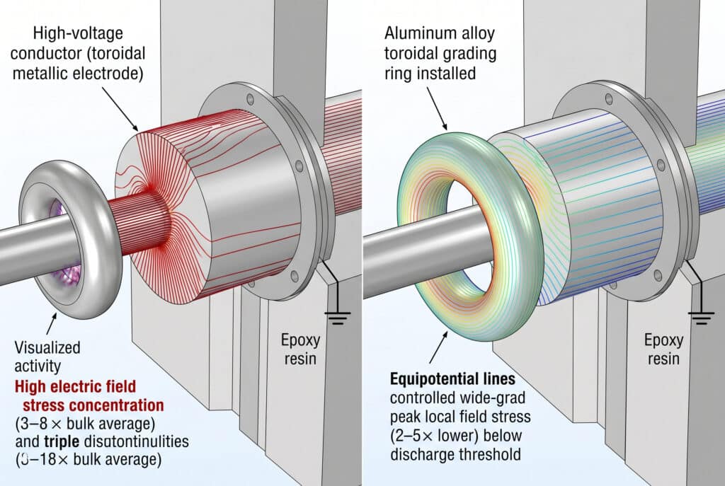 Visualisation analytique par fractionnement comparant la contrainte du champ électrique sur une traversée de paroi haute tension. D'un côté, sans anneau de calibrage, les lignes équipotentielles se concentrent intensément autour d'une interface de conducteur, provoquant une forte contrainte. De l'autre côté, avec un anneau métallique toroïdal, les lignes de champ sont largement et uniformément réparties autour de la courbe de l'anneau, ce qui illustre sa fonction de réduction des pics de contrainte et de prévention des décharges partielles.