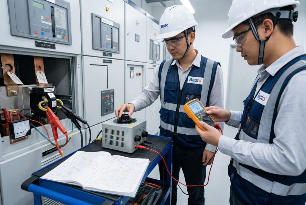 Çinli bir EPC yüklenicisinden iki mühendis, 33kV trafo merkezi röle odasında bir Akım Trafosu (CT) sekonder sargısı üzerinde sekonder enjeksiyon mıknatıslanma testi yapıyor. Güvenlik teçhizatı ve markalı yelek giyen Çinli teknisyenlerden biri değişken AC ototransformatörü (Variac) dikkatle ayarlarken, benzer profildeki bir başka Çinli meslektaşı kalibre edilmiş bir dijital multimetre kullanıyor ve uyarma voltajı ve akım değerlerini gösteren ekrana işaret ediyor. Oklar, izole edilmiş CT terminalleri, test düzeneği ve V-I eğrisi için elle çizilmiş log-log noktaları içeren mühendislik not defteri gibi kritik unsurları işaret etmektedir. Görüntü, belirtilen saha doğrulama prosedürünü nihai spesifikasyon kabulüne görsel olarak bağlamaktadır.