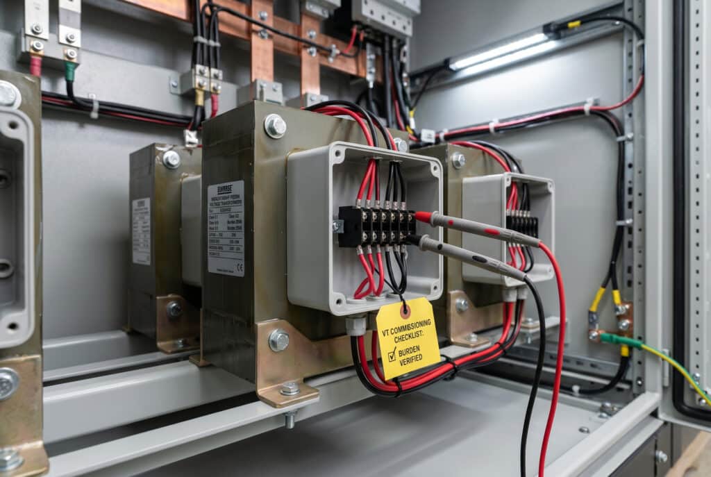 Orta gerilimli bir elektrik panosunun içindeki teknik incelemeyi yakalayan yüksek çözünürlüklü bir saha fotoğrafı. Odak noktası, dökme reçine gerilim transformatörlerinin (VT'ler) üç fazlı kurulumudur. Sekonder terminallere bir multimetre probu bağlanarak, VT doğruluğuyla ilgili makalede tartışılan kritik kurulum adımına doğrudan atıfta bulunan bir yük doğrulama kontrolü gerçekleştiriliyor. Sarı bir denetim etiketi 'YÜK DOĞRULANDI' ifadesini onaylar.