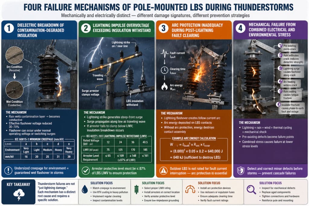 Инфографика, объясняющая четыре различных механизма отказа выключателей нагрузки на столбах во время сильных гроз, включая вспышку влажного загрязнения, импульсное перенапряжение молнии, повреждение дугой после молнии и комбинированное разрушение под действием механических напряжений.