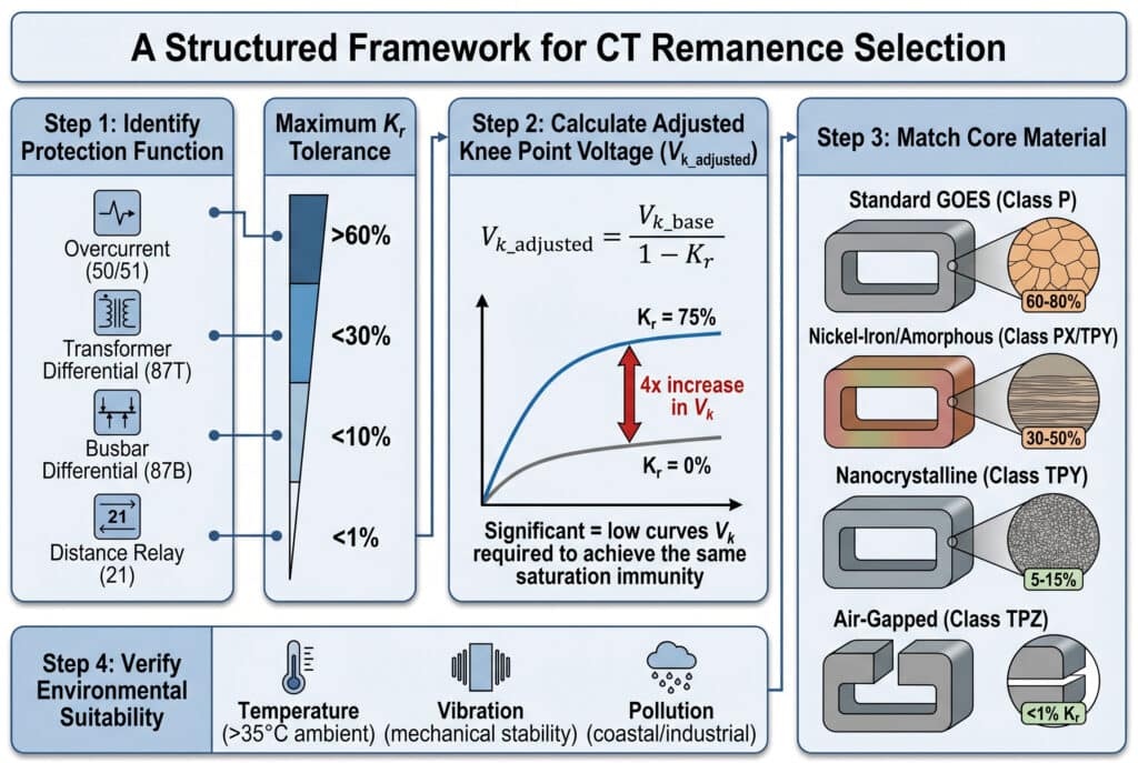 A technical infographic titled "A Structured Framework for CT Remanence Selection." It maps four main protection functions to typical maximum remanence factor ($K_r$) tolerances, visualizes how adjusted knee point voltage ($V_{k\_adjusted}$) is calculated for different Kr values with a corresponding curve increase, and then connects these requirements to specific core materials: Standard GOES (Class P), Nickel-Iron/Amorphous (Class PX/TPY), and Nanocrystalline (Class TPY), each with illustrative grain texture. Across the bottom, an "Step 4: Verify Environmental Suitability" panel shows icons and labels for Temperature, Vibration, and Pollution considerations. The overall style is clean and professional with a logical information flow. No people are included.