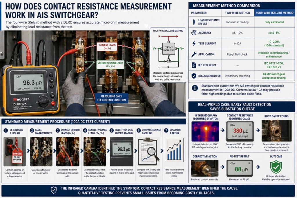 Ingeniero que utiliza un microóhmetro DLRO con cables de prueba Kelvin de cuatro hilos en contactos de barras de conmutación AIS, mostrando cómo la medición de la resistencia de los contactos de 100 A CC elimina la resistencia de los cables, identifica las causas de los puntos calientes y evita cortes en las subestaciones de MT.