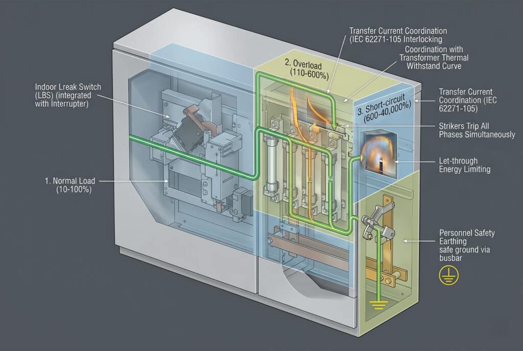 Eine komplexe, isometrische technische Darstellung einer offenen Mittelspannungs-Kombinationsschalttafel. Die Schnittansicht zeigt drei Hauptkomponenten mit kommentierten Schutzfunktionen auf der Grundlage von Textdaten: Der Lasttrennschalter handhabt die 'Normallast (10-100%)', die Hochspannungssicherungen verwalten die Strombereiche 'Überlast (110-600%)' und 'Kurzschluss (600-40.000%)', und der Erdungsschalter bietet eine 'Personenschutzerdung'. Technische Etiketten mit präziser englischer Schreibweise und IEC-Normen sind sichtbar.