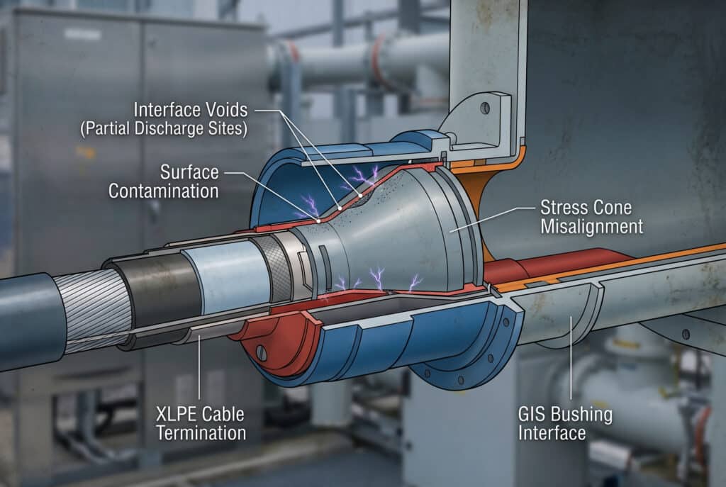 Detailed cross-sectional technical illustration of a GIS cable interface showing failure mechanisms initiated by critical installation mistakes. Labels point to 'Surface Contamination' and 'Interface Voids (Partial Discharge Sites)' within the stress cone, as well as 'Stress Cone Misalignment' in the GIS bushing interface.