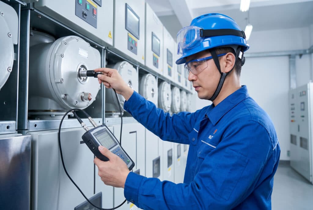 Nowoczesna rozdzielnica z izolacją gazową (GIS) jest skrupulatnie sprawdzana przez wschodnioazjatyckiego konserwatora, noszącego kask ochronny i okulary ochronne. Używa on specjalistycznego narzędzia do sprawdzania ciśnienia gazu SF6 i pomiaru częściowego rozładowania, zapewniając niezawodną instalację i działanie w podstacji wysokiego napięcia.