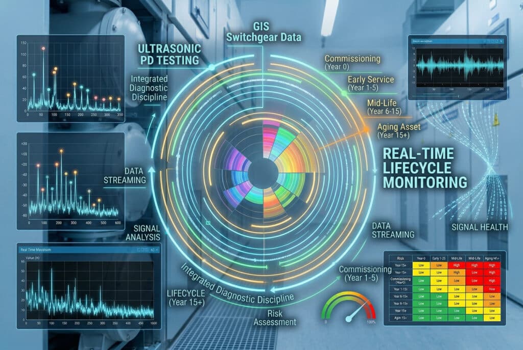 Ein digitales Hightech-Dashboard für die Echtzeit-Überwachung des Lebenszyklus und die Teilentladungsdiagnose von GIS-Schaltanlagen, mit einem zentralen kreisförmigen Diagramm mit Daten für die Inbetriebnahme, die frühen, mittleren und alternden Phasen, umgeben von Diagrammen für den Signalzustand, den Datenstrom, die Risikobewertung und die TE-Prüfung.