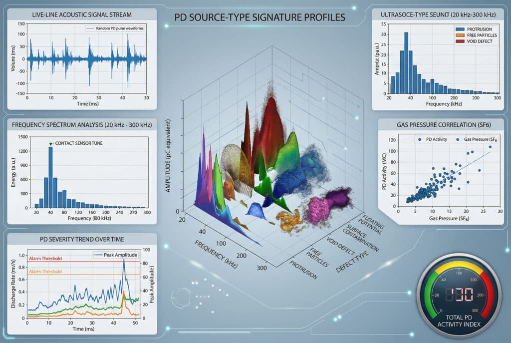 Ein detailliertes digitales Dashboard zur Visualisierung von Daten aus der Live-Line-Ultraschall-Teilentladungsprüfung (TE) in GIS-Schaltanlagen. Die zentrale 3D-Darstellung kategorisiert TE-Quellentypen (Vorsprünge, Partikel, Hohlräume usw.) nach Amplitude und Frequenz, ergänzt durch Zeitseriensignale, Spektren, Gasdruckkorrelationen und Schweregradtrends und bietet so eine umfassende Diagnoseansicht.